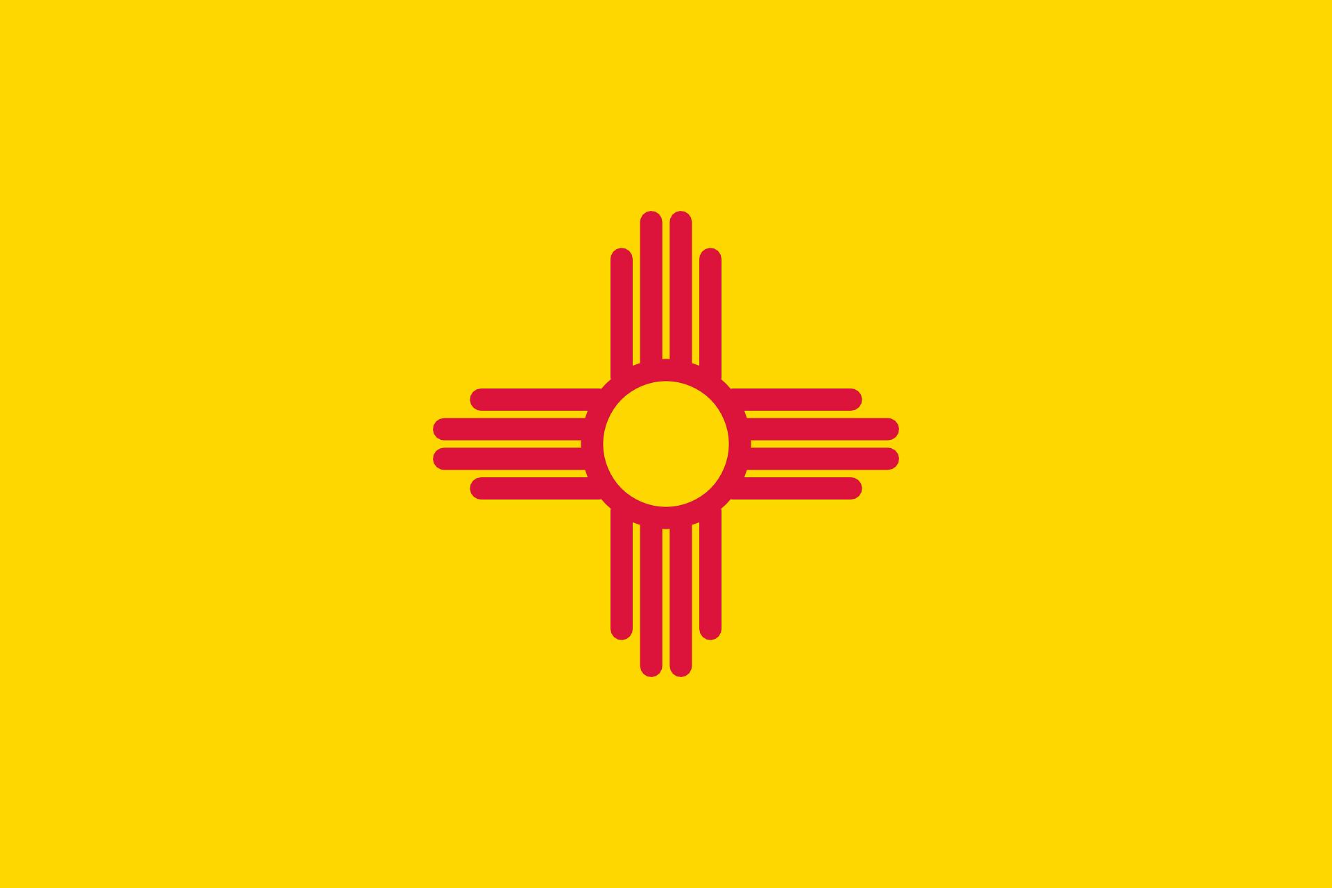 New Mexico State Flag. A Yellow flag with a red Zia symbol.