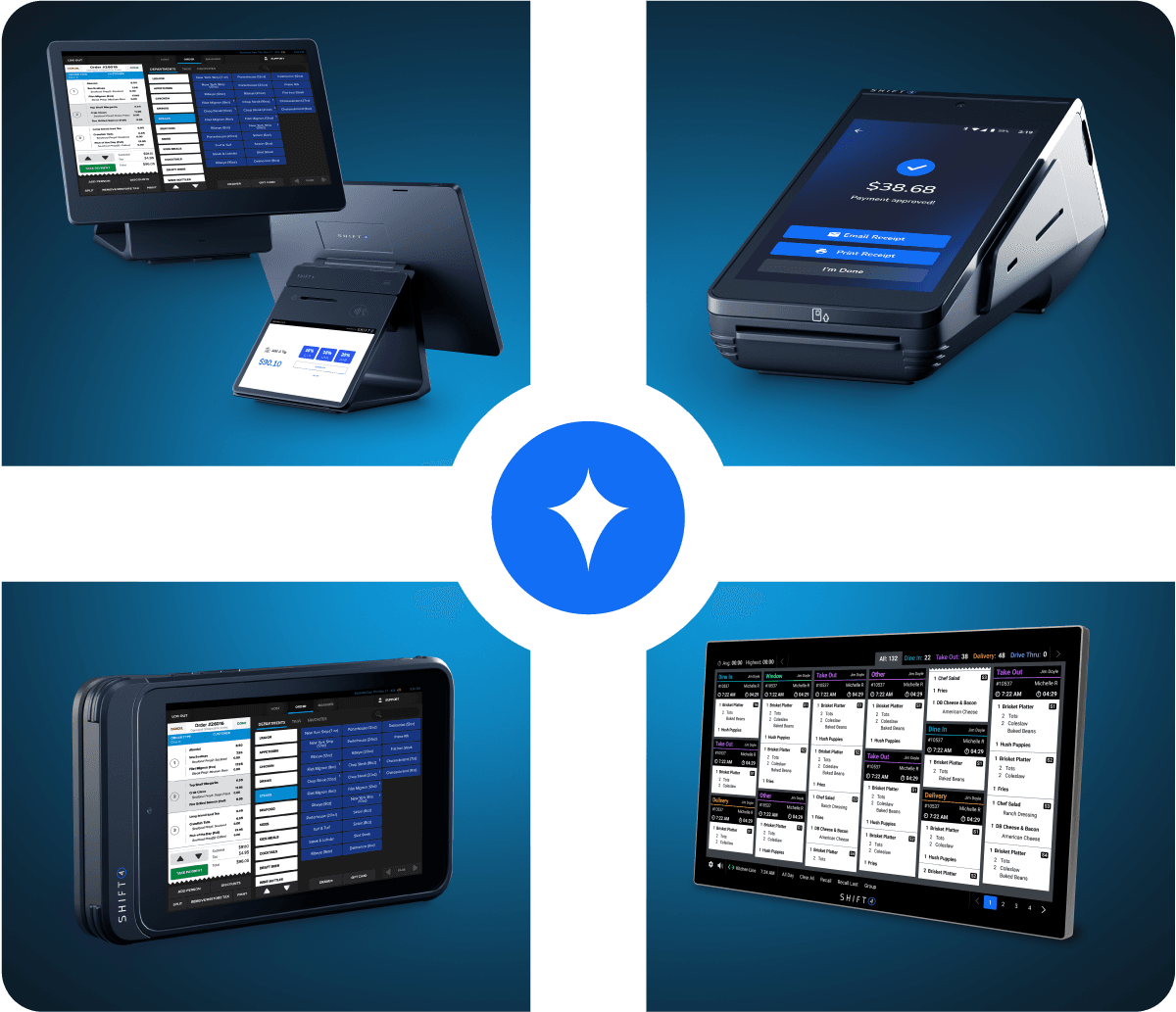An array of products from SkyTab. The terminal with a customer display, a SkyTab Mobile device, SkyTab Glass, and a SkyTab Kitchen Display