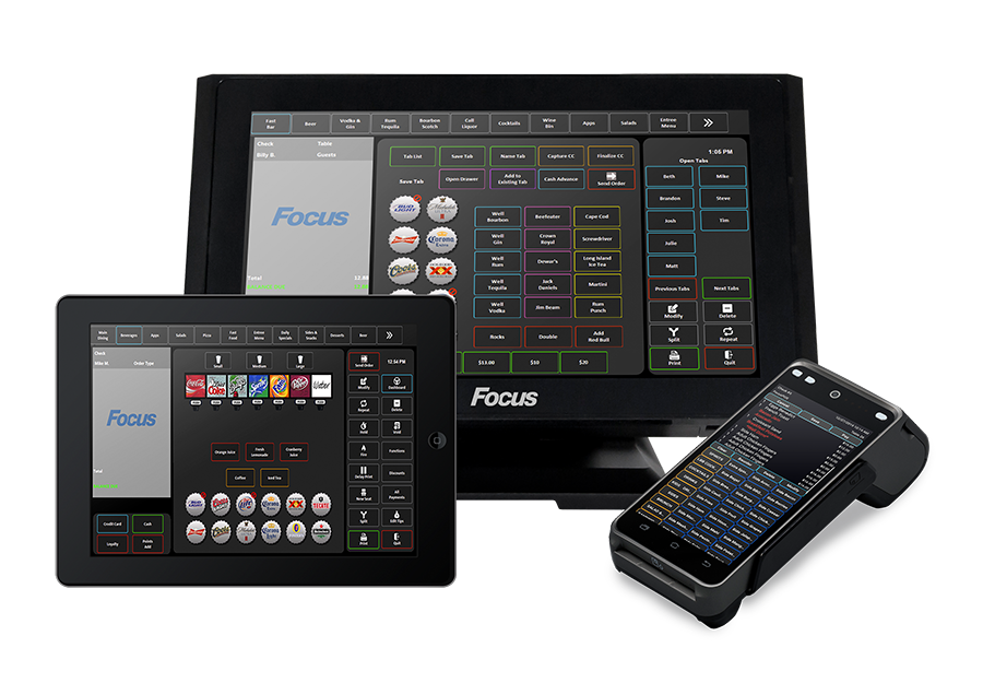 Focus POS equipment. An iPad, iPhone, and workstation terminal.