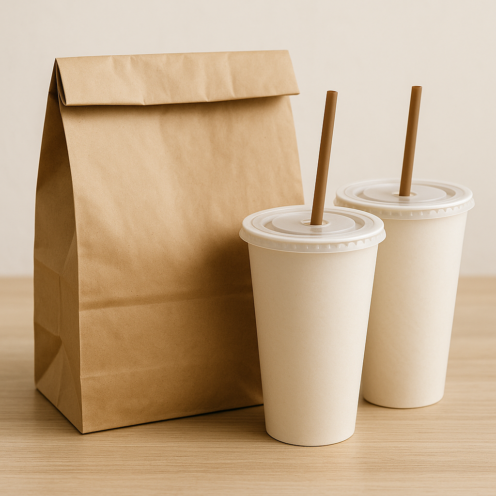 Fast food bag with two to-go drinks.
