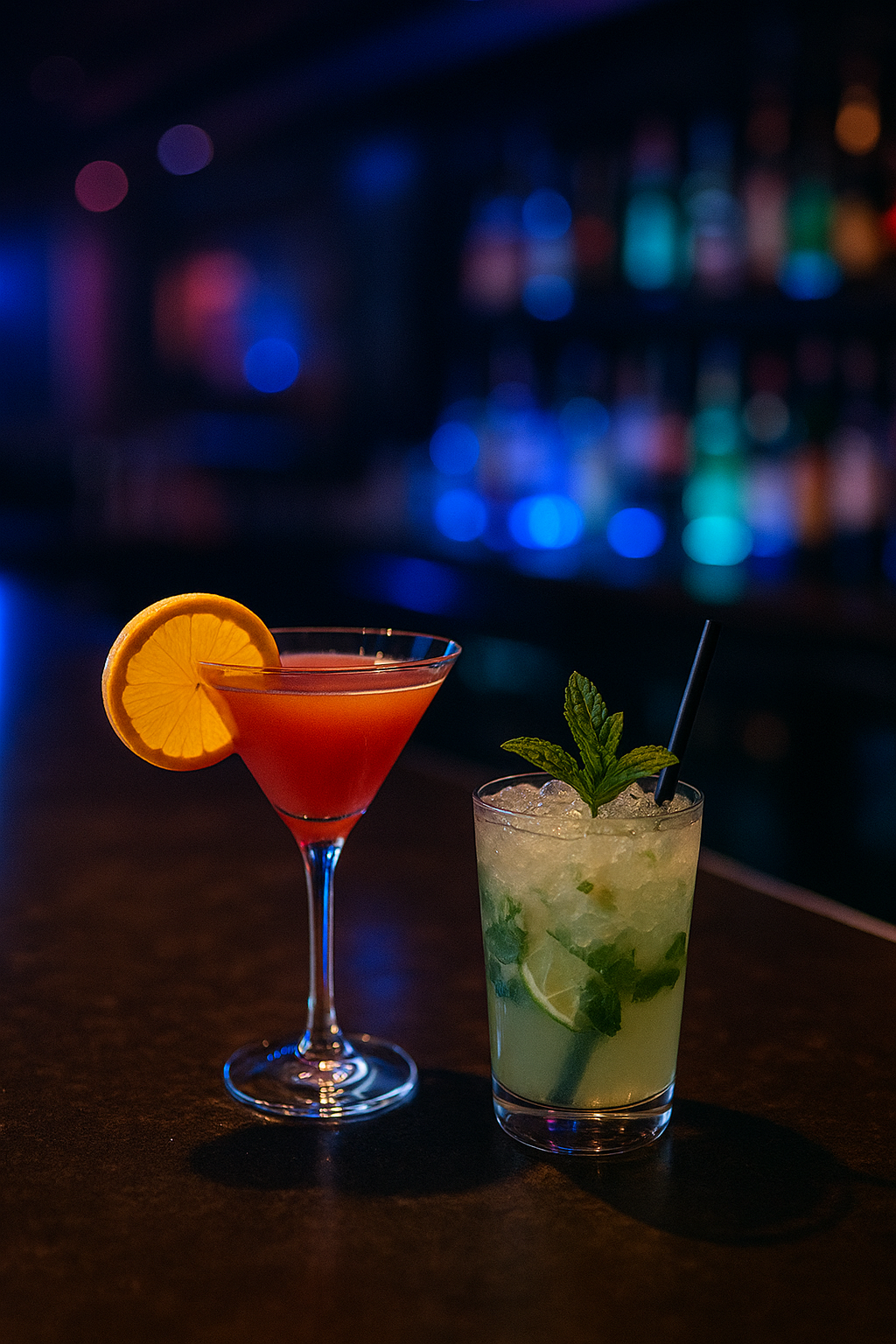 Nightclub cocktails with a neon light background.