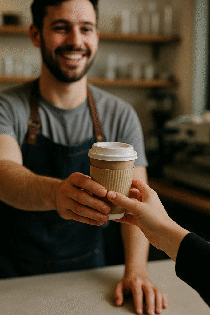 A barista handing a customer their coffee.