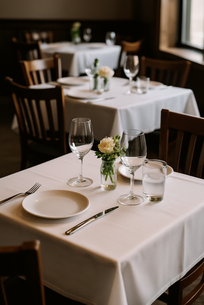 Fancy dining room with table set with wine glasses and silverware.
