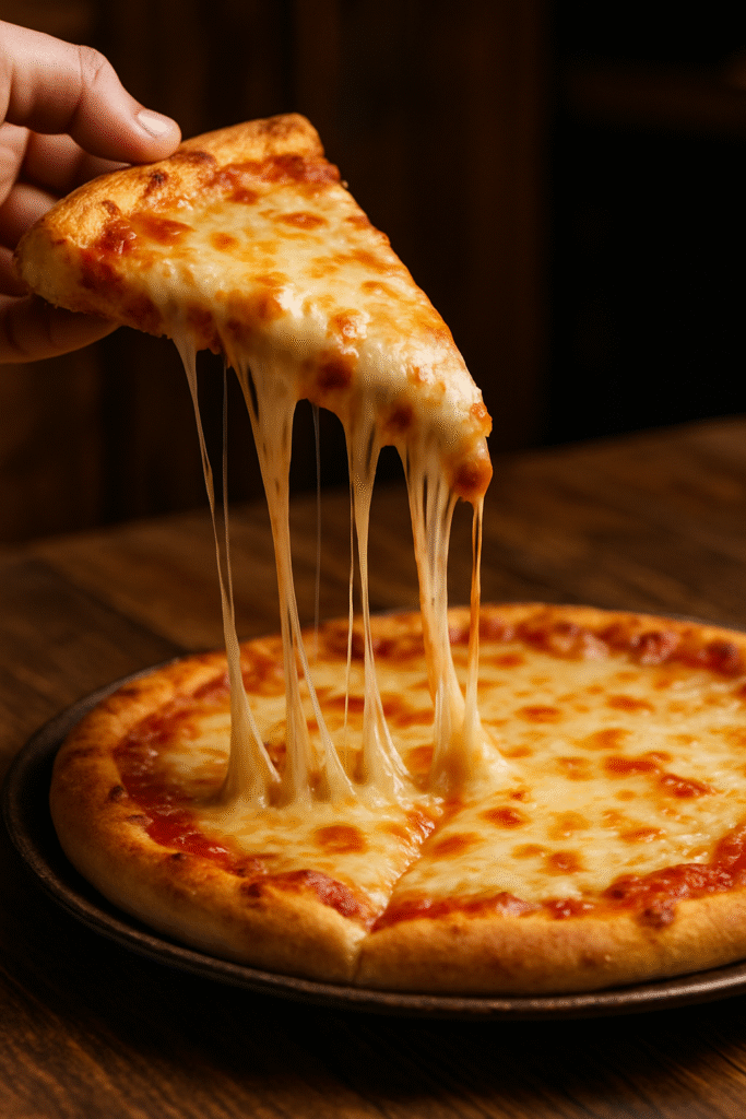 Slice of pizza being lifted from full pizza